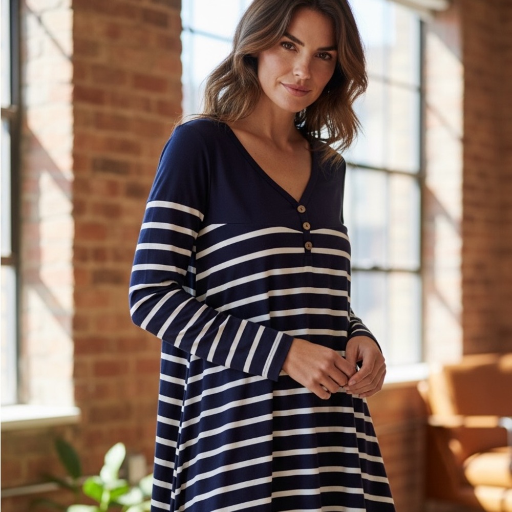 Shein Purple & White Stripe Dress with Brown Faux Suede Elbow Patches – XS